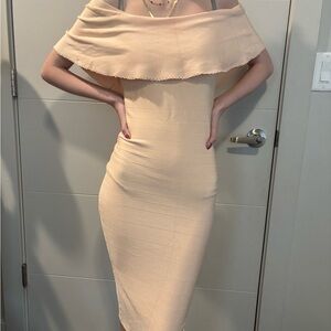 Marciano Tan Off-Shoulder Ruffled Midi Dress